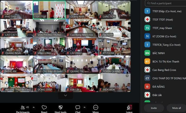 Hội nghị được tổ chức trực tiếp tại điểm cầu Trung ương Hội v&agrave; trực tuyến tới c&aacute;c điểm cầu trong cả nước. (Ảnh: Trung ương Hội Chữ thập đỏ Việt Nam)