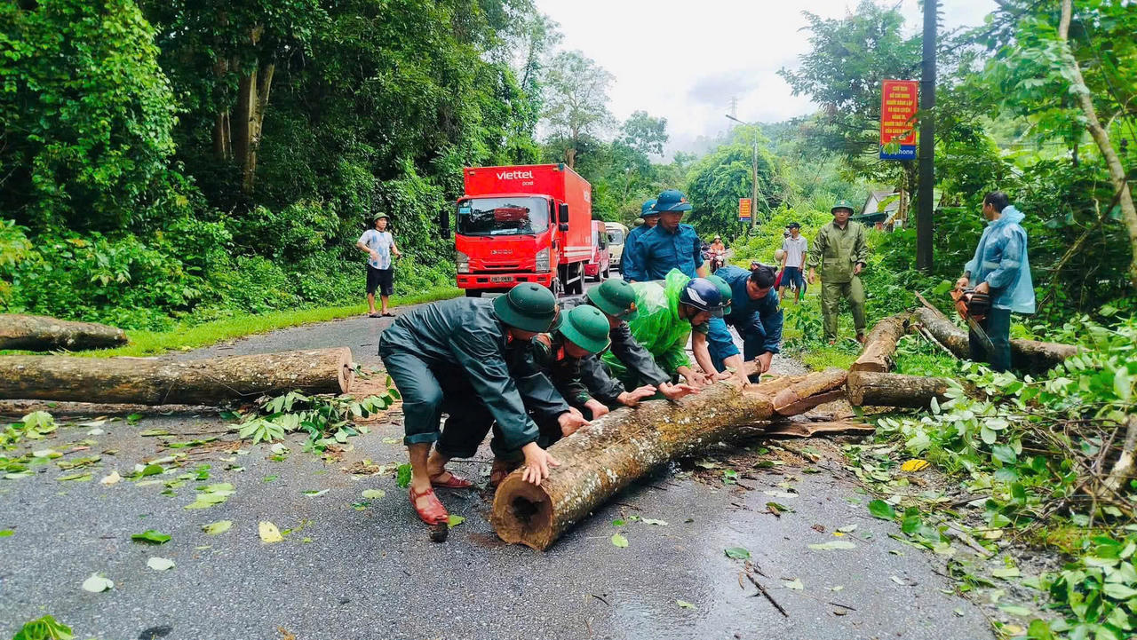 Ch&iacute;nh quyền c&ugrave;ng người d&acirc;n v&agrave; lực lượng chức năng x&atilde; Tam Quang dọn dẹp c&acirc;y đổ tr&ecirc;n đường (Ảnh người d&acirc;n cung cấp)