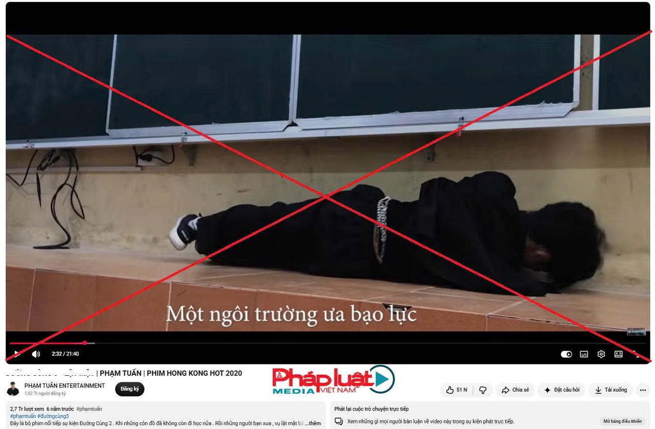 Một trường học bị c&aacute;c đối tượng lấy h&igrave;nh ảnh để l&agrave;m bối cảnh quay video về bạo lực học đường v&agrave; bị c&aacute;c đối tượng gắn với nội dung &ldquo;Một ng&ocirc;i trường ưa bạo lực&rdquo; (Ảnh chụp m&agrave;n h&igrave;nh k&ecirc;nh YouTube &ldquo;Phạm Tuấn ENTERTAINMENT&rdquo;).