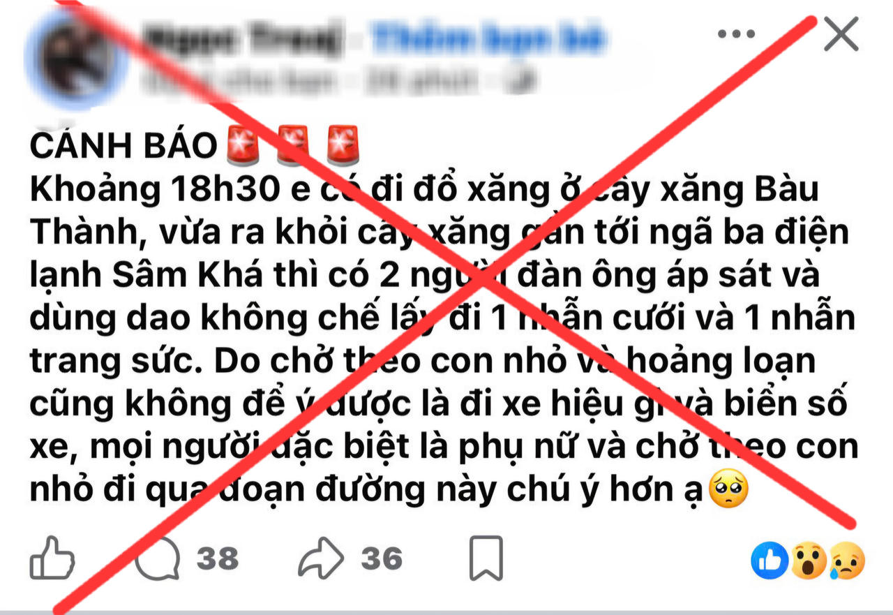 C&ocirc;ng an x&aacute;c định th&ocirc;ng tin N.T.M.N. đăng tải tr&ecirc;n Facebook về việc bị cướp t&agrave;i sản l&agrave; sai sự thật. Ảnh: C&ocirc;ng an cung cấp
