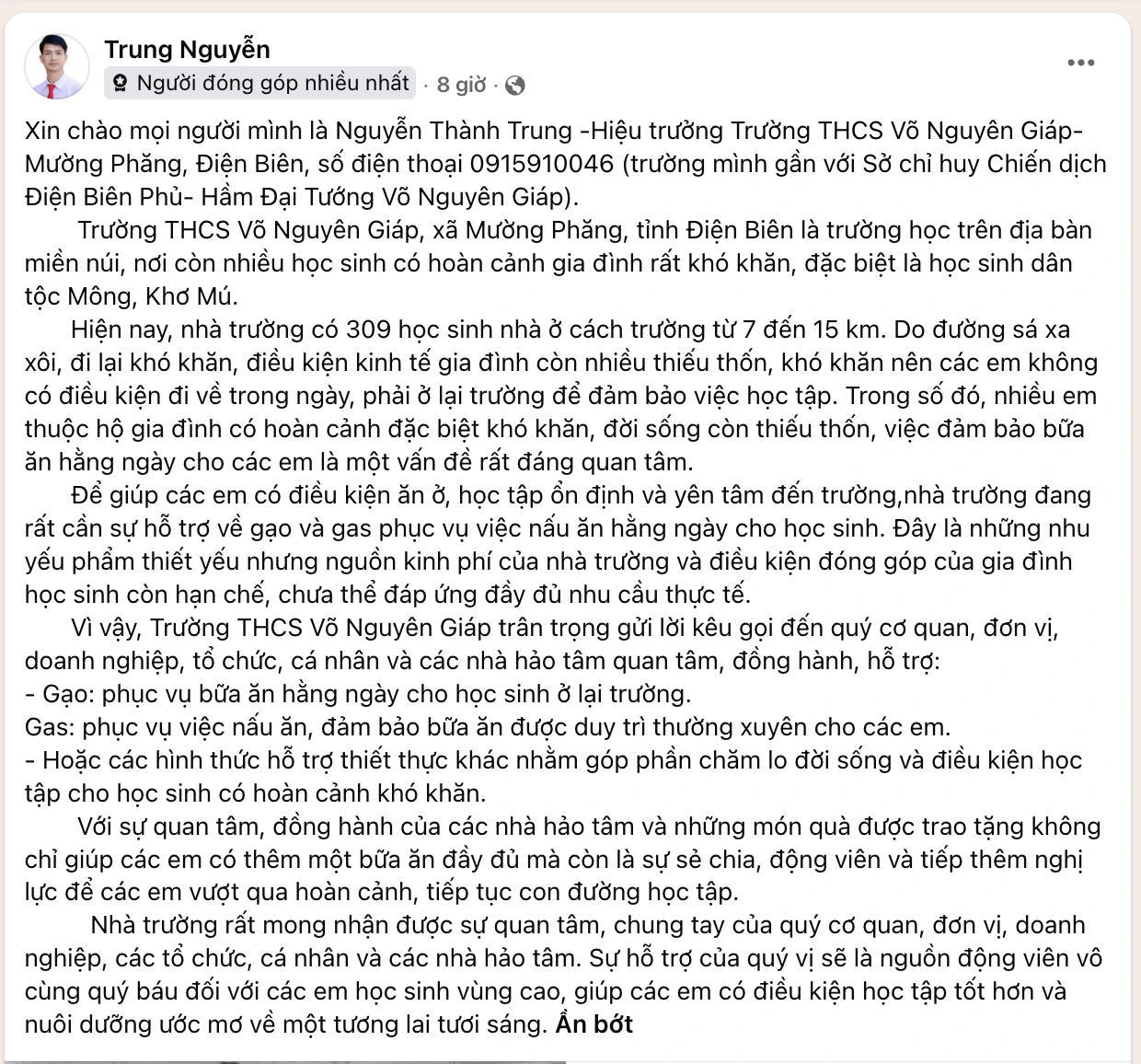 B&agrave;i đăng k&ecirc;u gọi ủng hộ cho học tr&ograve; của &ocirc;ng Trung nhận được sự quan t&acirc;m của nhiều người.