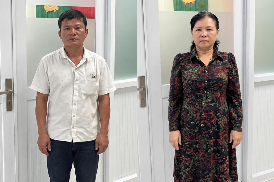Nguyễn Văn Ho&agrave;ng v&agrave; Nguyễn Thị Th&uacute;y Diễm tại cơ quan điều tra. (Ảnh: C&ocirc;ng an cung cấp)