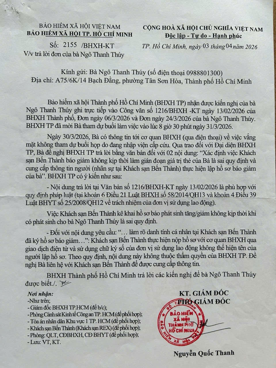 BHXH TP c&oacute; văn bản trả lời &ldquo;việc KS k&ecirc; khai hồ sơ b&aacute;o ph&aacute;t sinh tăng/giảm kh&ocirc;ng kịp thời khi c&oacute; ph&aacute;t sinh cho b&agrave; Th&uacute;y l&agrave; sai quy định&rdquo;.