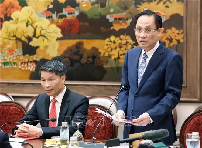 Đồng ch&iacute; L&ecirc; Ho&agrave;i Trung, Uỷ vi&ecirc;n Bộ Ch&iacute;nh trị, Bộ trưởng Bộ Ngoại giao ph&aacute;t biểu. Ảnh: Thống Nhất/TTXVN