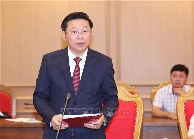 Đồng ch&iacute; Trần Thanh L&acirc;m, Ủy vi&ecirc;n Trung ương Đảng, Ph&oacute; Trưởng Ban Thường trực Ban Tuy&ecirc;n gi&aacute;o Trung ương, B&iacute; thư Đảng ủy cơ quan Ban Tuy&ecirc;n gi&aacute;o Trung ương nhiệm kỳ 2025 - 2030 ph&aacute;t biểu nhận nhiệm vụ. Ảnh: Phương Hoa/TTXVN