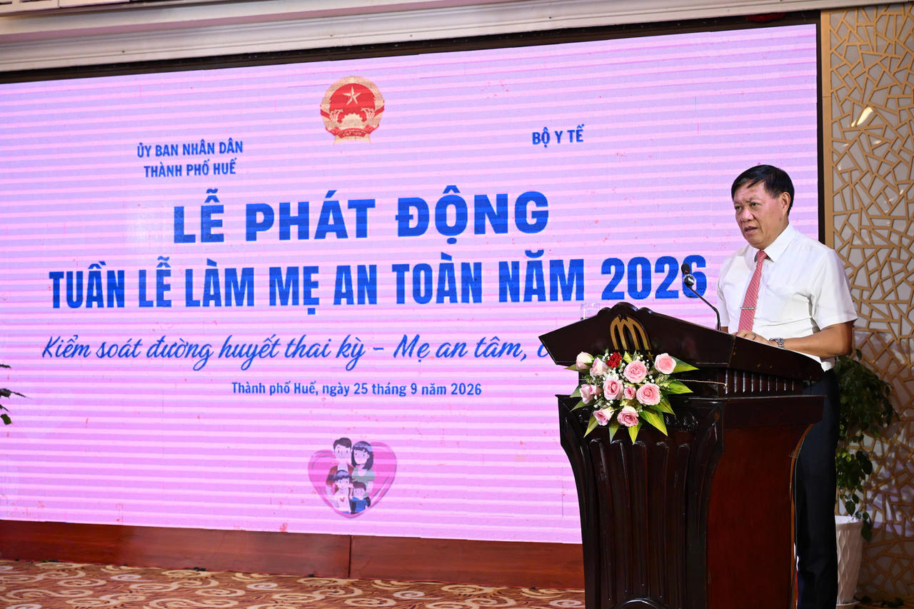 Thứ trưởng Bộ Y tế Đỗ Xu&acirc;n Tuy&ecirc;n ph&aacute;t biểu tại Lễ ph&aacute;t động Tuần lễ L&agrave;m mẹ an to&agrave;n ng&agrave;y 25/9/2026.