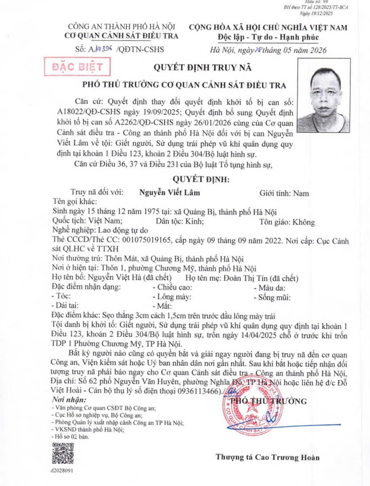 Quyết định truy n&atilde; Nguyễn Viết L&acirc;m.