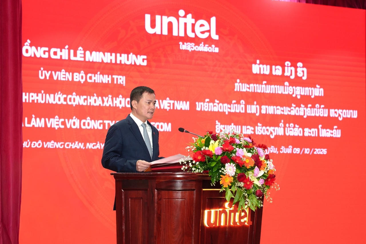 Chủ tịch ki&ecirc;m Tổng Gi&aacute;m đốc Tập đo&agrave;n Viettel T&agrave;o Đức Thắng ph&aacute;t biểu tại trụ sở Unitel 9/10.