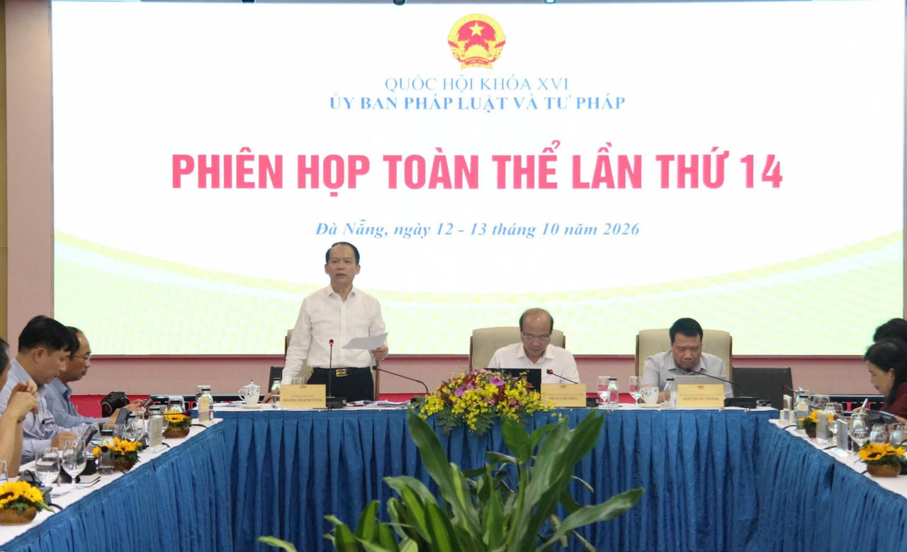 Bộ trưởng Bộ Tư ph&aacute;p Ho&agrave;ng Thanh T&ugrave;ng ph&aacute;t biểu tại Phi&ecirc;n họp. (Ảnh: Tấn Việt)
