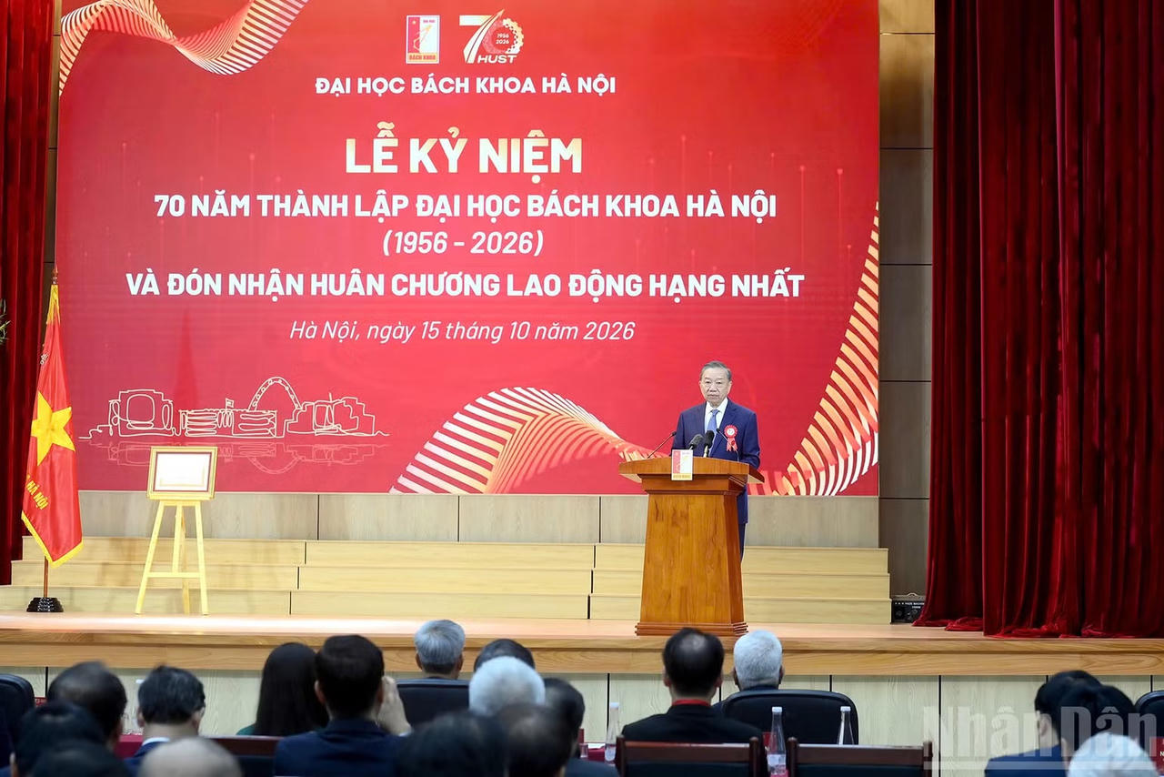Tổng B&iacute; thư, Chủ tịch nước T&ocirc; L&acirc;m ph&aacute;t biểu tại Lễ kỷ niệm 70 năm th&agrave;nh lập Đại học B&aacute;ch khoa H&agrave; Nội. Ảnh: nhandan.vn