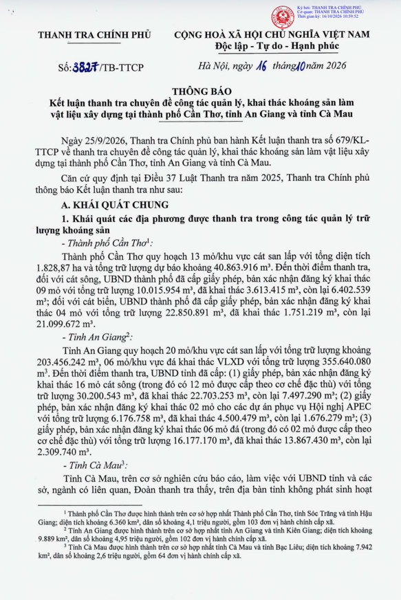 Th&ocirc;ng b&aacute;o kết luận thanh tra 3827/TT-TTCP. (Ảnh: Th&agrave;nh Trung)
