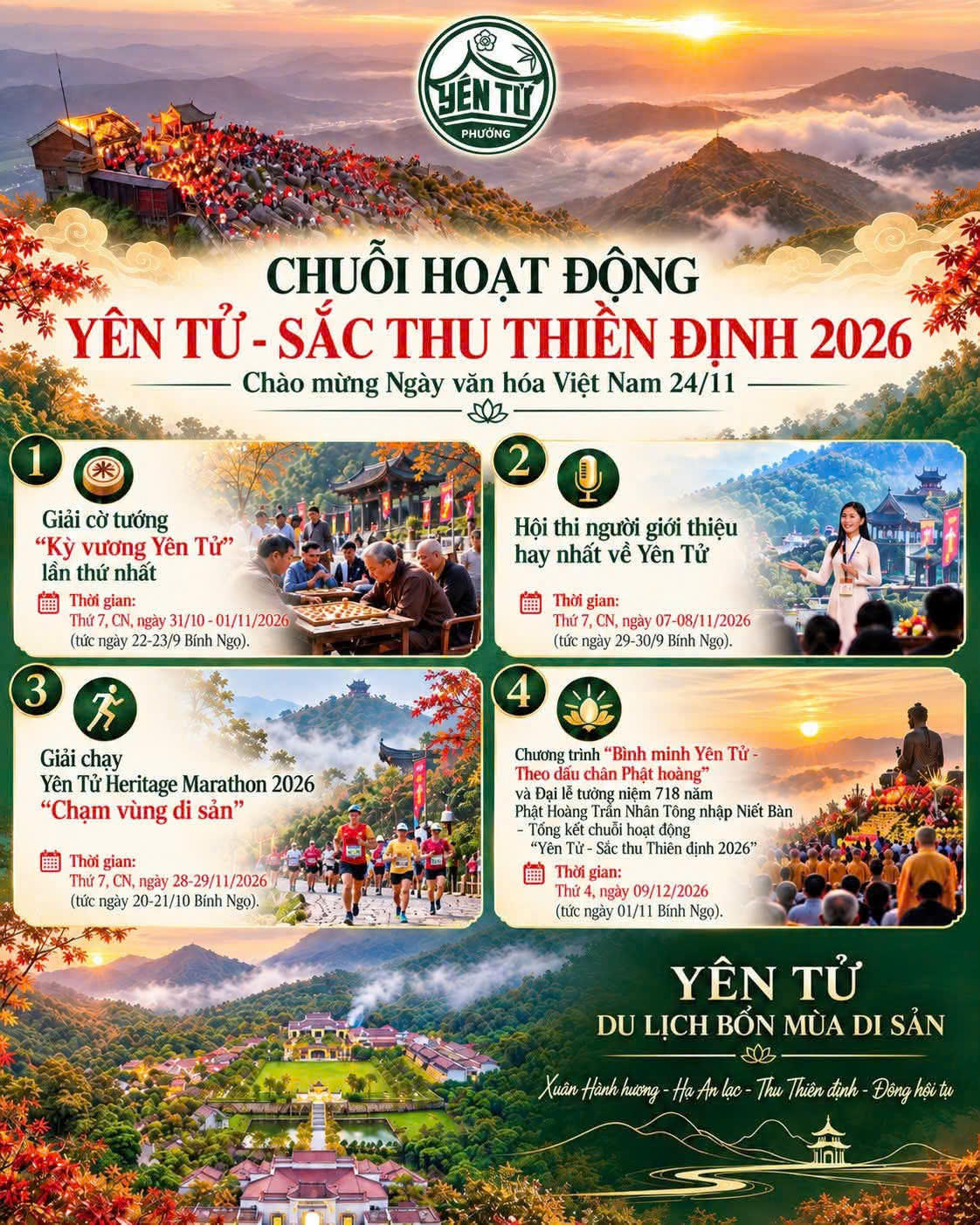 Y&ecirc;n Tử - Sắc thu thiền định 2026 sẽ diễn với chuỗi sự kiện văn h&oacute;a, thể thao v&agrave; t&acirc;m linh từ th&aacute;ng 10 đến 12. (Ảnh: Sở VHTTDL Quảng Ninh cung cấp)