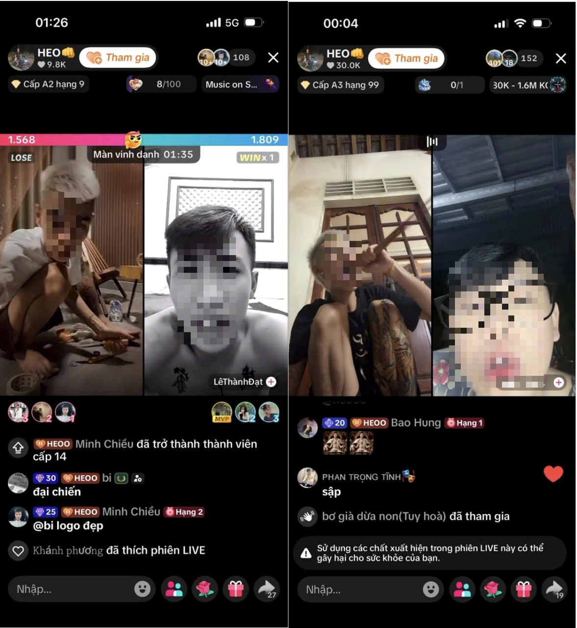 H&igrave;nh ảnh c&aacute;c phi&ecirc;n livestream tr&ecirc;n TikTok c&oacute; nội dung phản cảm, tự g&acirc;y thương t&iacute;ch để thu h&uacute;t người xem tặng qu&agrave;. (Ảnh: CA tỉnh Quảng Trị)