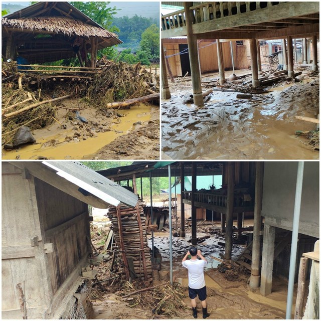 Nhiều nhà dân bị sập, hư hỏng do lũ ống, lũ quét vào đêm 4/9 tại một số xã miền núi của huyện Kỳ Sơn.