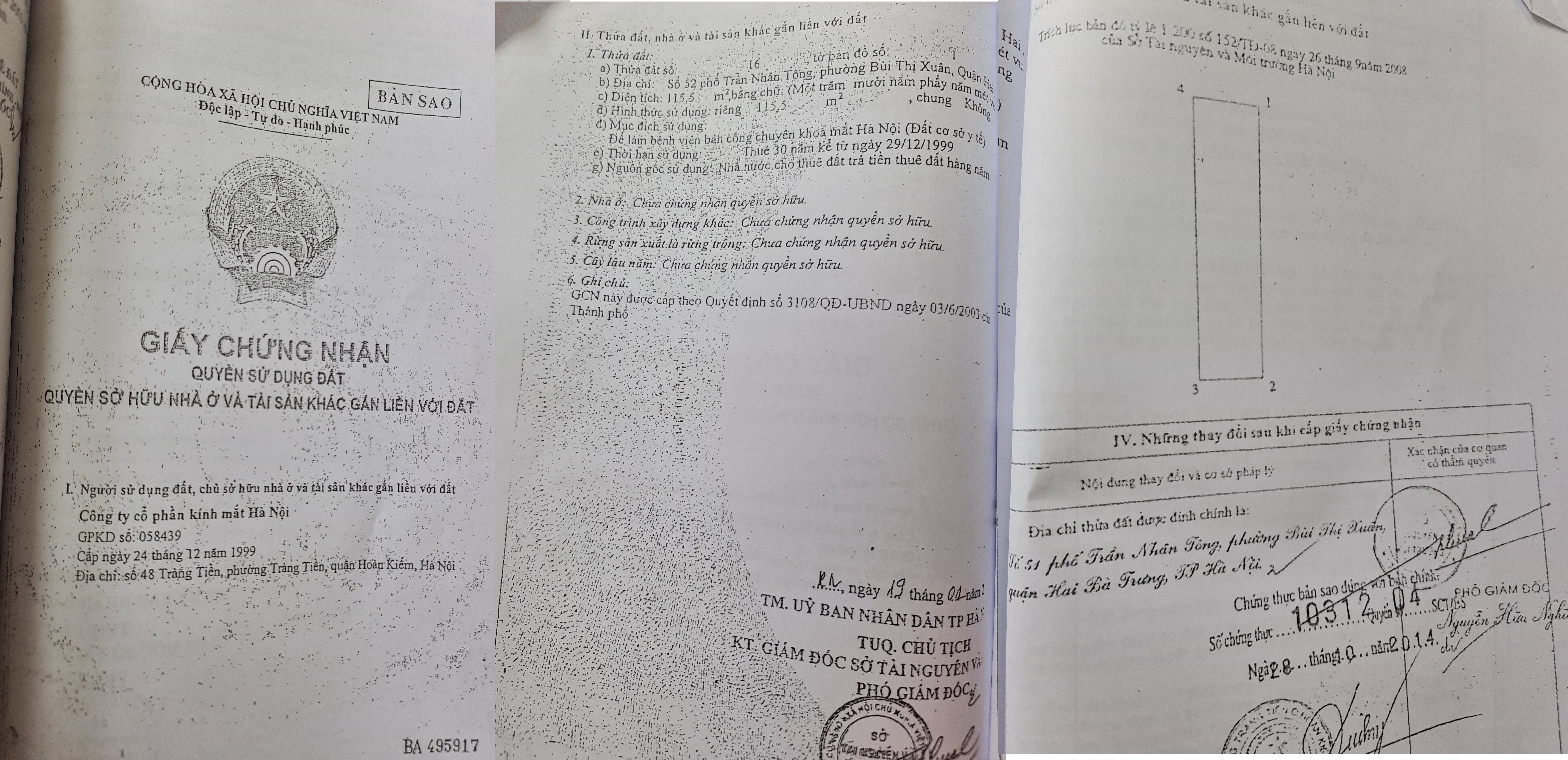 Cuốn “sổ đỏ” được Sở Tài nguyên và Môi trường Hà Nội cấp giấy chứng nhận quyền sử dụng đất, quyền sở hữu nhà ở và tài sản khác gắn liền với đất cho Công ty Kính mắt.