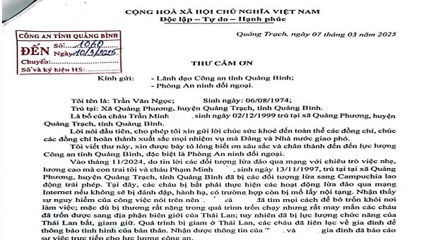 Giúp con thoát khỏi nhóm lừa đảo ‘việc nhẹ lương cao’, người cha viết thư cảm ơn công an