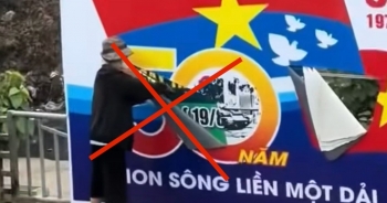 Người phụ nữ phá hoại banner chào mừng đại lễ 30/4 có dấu hiệu tâm thần